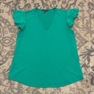 Adrianna Papell Teal V-Neck Blouse with Pleated Sleeves